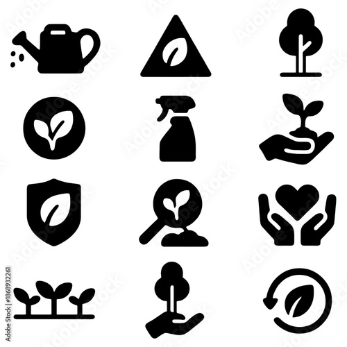 Green Icon Set: An assortment of black-and-white icons related to plant care and environmental protection, ideal for design elements.