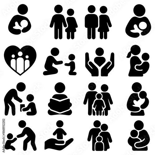 Family and Child Icons: A diverse collection of minimalist icons, illustrating various aspects of family life, parent-child interactions, and childcare.