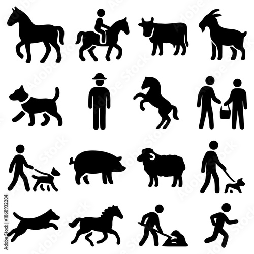 Farm Life Icon Set: A collection of illustrative silhouettes depicting essential elements of farm life and human interaction with domestic animals.