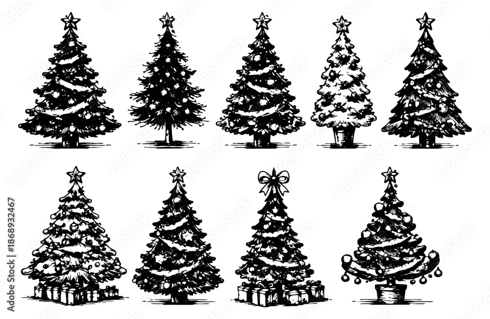 Obraz premium Hand drawn Christmas tree set featuring decorated firs with stars and gifts for winter holidays