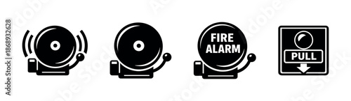 Fire alarm vector icons set, emergency bell symbols, safety alert graphics