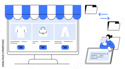 E-commerce concept. E-commerce icons for online shopping platforms. E-commerce supporting file sharing, digital transactions, and virtual storefronts. For retail, technology, business, marketing