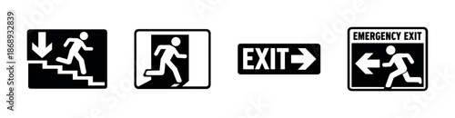 Emergency exit vector icons set with evacuation symbols and directional signs