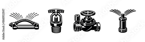 Watering and irrigation vector icons set. sprinklers, valves, irrigation symbols