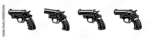 Handgun vector icons set: firearm silhouettes, pistol graphic collection
