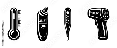 Vector icons set of thermometers. digital, infrared, ear thermometer symbols.