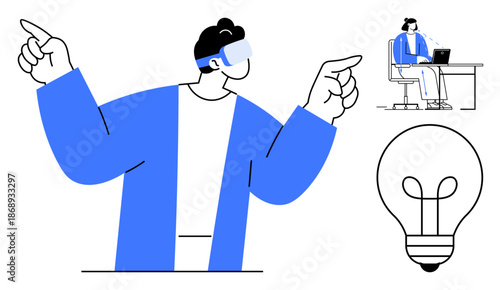 Virtual Reality in work environments. Virtual Reality user interacts with digital content, enhancing innovation. Virtual Reality boosts creativity and efficiency. Suitable for tech, innovation