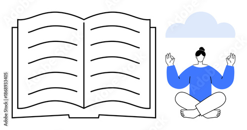 Education, mindfulness, mental clarity, personal growth, relaxation, life balance. Open book and meditating figure under a cloud. Education and mindfulness concept