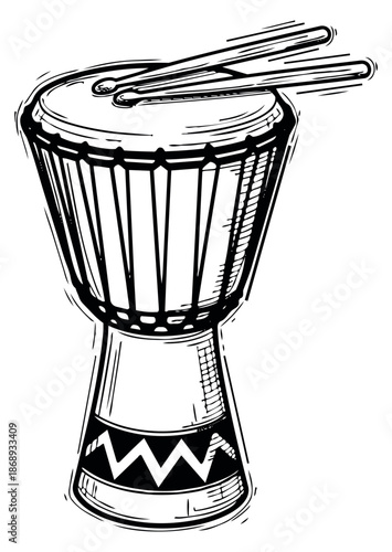 Hand drawn line art illustration of a djembe drum depicting a traditional african percussion instrument for music and cultural themes