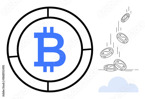 Cryptocurrency, blockchain, digital finance, decentralized transactions, fintech, online economy. Large Bitcoin logo in a circular frame, coins falling beside a cloud. Cryptocurrency and blockchain