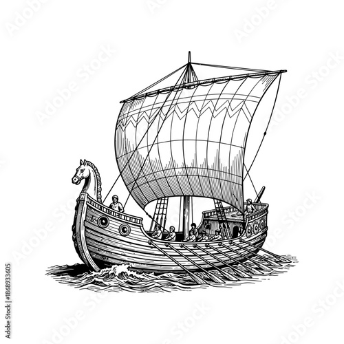 Ancient phoenician ship engraving.