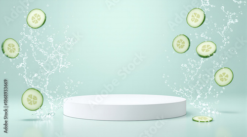 Surreal Floating Cucumber Slices Mockup Product Display with Mint Background