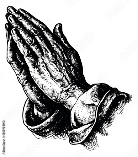 Hand drawn line art illustration of praying hands depicting faith and spirituality for religious concepts