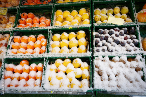 Winter scene at a market in Cologne-Ehrenfeld: Persimmons, quinces, and kiwis covered in fresh snow during a rare snowfall in January 2026
