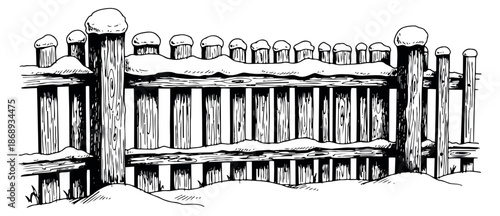 Hand drawn line art illustration of a wooden fence depicting snow for winter design