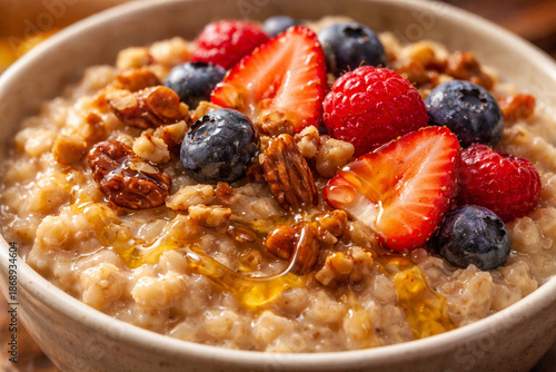  warm oatmeal topped with nuts, honey drizzle, and fresh fruits