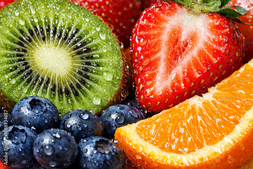 sliced fresh fruits — kiwi, strawberries, oranges, blueberries 