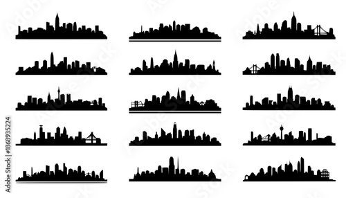City silhouette vector set. Panorama city background. Skyline urban border collection.

