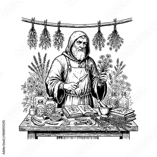 Medieval herbalist engraving.