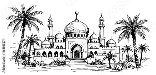 Hand drawn line art illustration of a mosque depicting traditional arabian architecture with palm trees for travel and religious themes