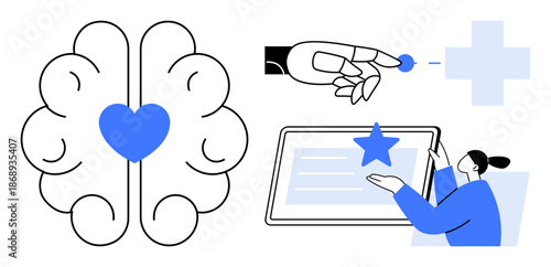 Artificial intelligence, healthcare, technology, innovation, digital interaction, medical advancements. Brain with heart, robot hand connecting and person interacting with a tablet. Artificial