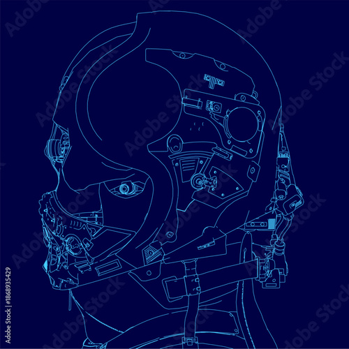 A blue line drawing depicts a cyborg or astronaut in a full space suit and helmet. The human contour stands against a dark blue background.