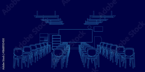 A blue contour drawing of a lecture hall features rows of chairs arranged in a semi-circle around a central projector screen. The deep blue background creates a calm, academic atmosphere.