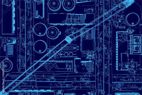 A post-apocalyptic city contour overlays a detailed computer blueprint, revealing intricate electronic components and circuitry. Top view