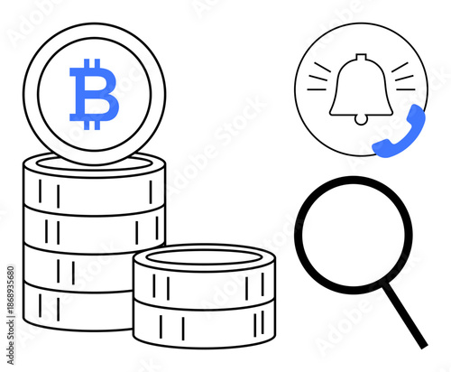 Bitcoin stack, magnifying glass, notification bell, and call icon. Ideal for cryptocurrency, finance, investment, tracking notifications analytics and blockchain. Simple flat metaphor