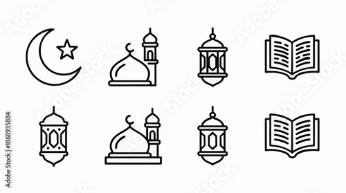 Ramadan line icon set with thin outline style, crescent moon, star, mosque dome, lantern and Quran, minimal vector illustration, consistent line weight