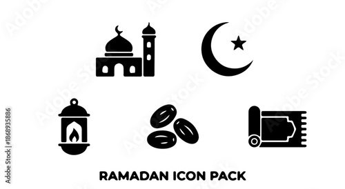 Solid glyph Ramadan icon set featuring mosque, crescent moon, lantern, dates and prayer mat, simple geometric shapes