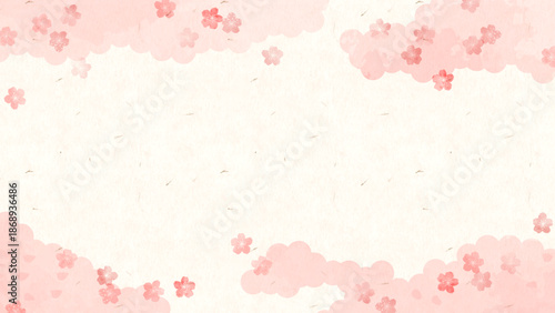 上品でやわらかな印象の和紙と水彩風カラーの春背景素材。桜と雲の和風水彩背景。Sakura Watercolor Japanese Background.