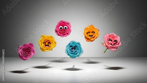 Valentine's Day: Cute Floating Roses With Funny Faces 3D Render
