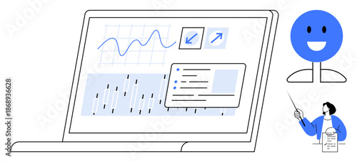Laptop displaying graphs, charts, and data sheets, supplemented by a smiling face and presenter teaching concepts. Ideal for data analytics, teamwork, online education, marketing strategy, tutorials