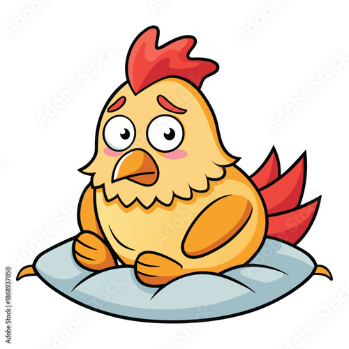 Animated Chicken on Pillow: A cute, cartoonish chicken, rendered in vibrant colors, sits comfortably atop a plush pillow, exuding an air of calmness and relaxation.