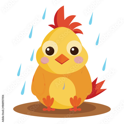 Yellow Chick's Rainy Day Blues: A charming illustrated chick, drenched in a gentle downpour, embodies innocence and the delicate simplicity of childhood.