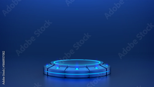 Futuristic podium for product display with sci-fi lighting. 3D blue neon empty cyber stage background for gadget presentation. Sci-fi digital pedestal with glowing blue lights. Vector illustration.