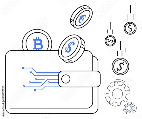 Cryptocurrency, blockchain, digital payments, financial tech, fintech, investment trends. A digital wallet with cryptocurrency and dollar coins. Cryptocurrency and blockchain concepts