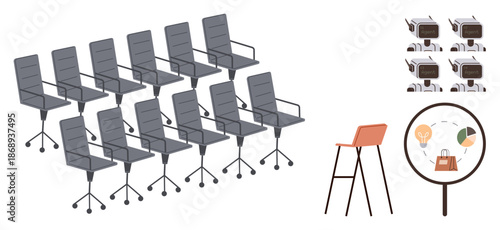 Business planning, workplace setup, technology, marketing strategy, design , modern lifestyle. Rows of office chairs, a bar stool radio icons and a diagram. Business planning and workplace setup