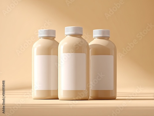 Three light beige bottles with white labels (1)