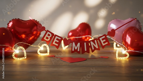 Romantic be Mine Banner with Glowing Heart Lights and Balloons on Wooden Table