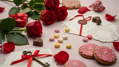 Romantic Valentines Day Assortment with Roses and Sweet Treats