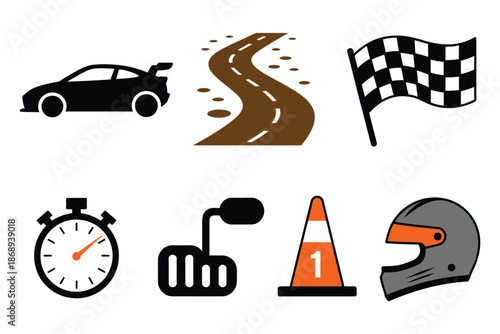 Racing Icons Collection, Featuring Helmet, Stopwatch, Track, Car, Gear Shift, Cone, Flag, and Speedometer Vector Illustrations