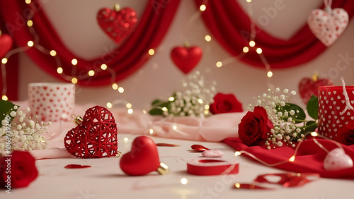 Romantic Table Setting with Red Hearts, Roses, and Fairy Lights