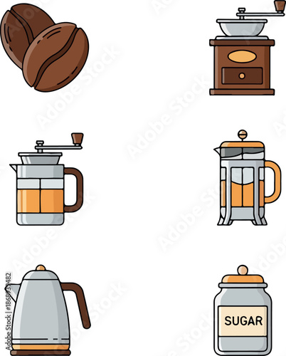 Illustration of coffee beans and various coffee brewing equipment on a table indoors