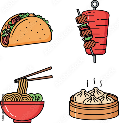 A vibrant illustration of various Asian foods including a taco dumplings noodles and skewers on a white background