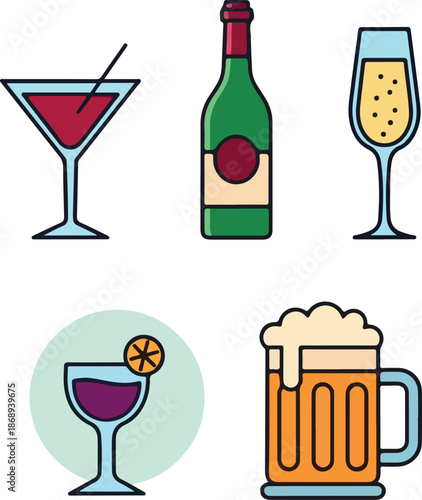 A vibrant still life illustration of various alcoholic beverages on a table indoors.