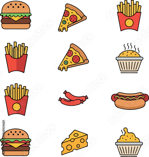 A colorful illustration of various fast food items including burgers, pizzas, fries, and hot dogs arranged on a plain background for a lively food-themed graphic.
