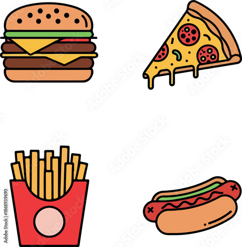 A mouth-watering fast food assortment featuring a juicy burger, a slice of cheesy pizza, crispy fries, and a savory hot dog.