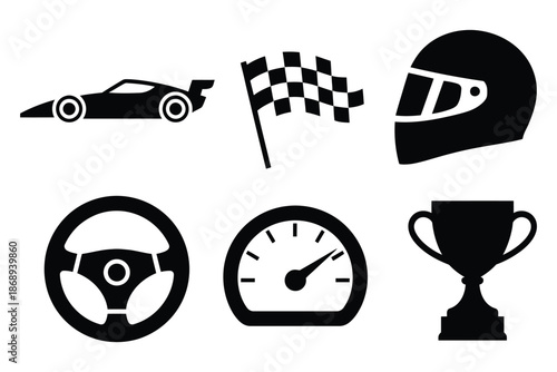 Racing Icons Essential Motorsport Silhouettes Featuring Cars, Helmets, Flags, and Trophies, Vector Graphic